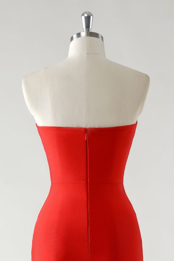 Sparkly Red Sheath Strapless Rhinestones Tea Length Prom Dress with Slit - Image 5