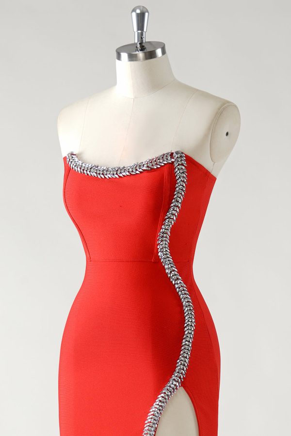 Sparkly Red Sheath Strapless Rhinestones Tea Length Prom Dress with Slit - Image 6