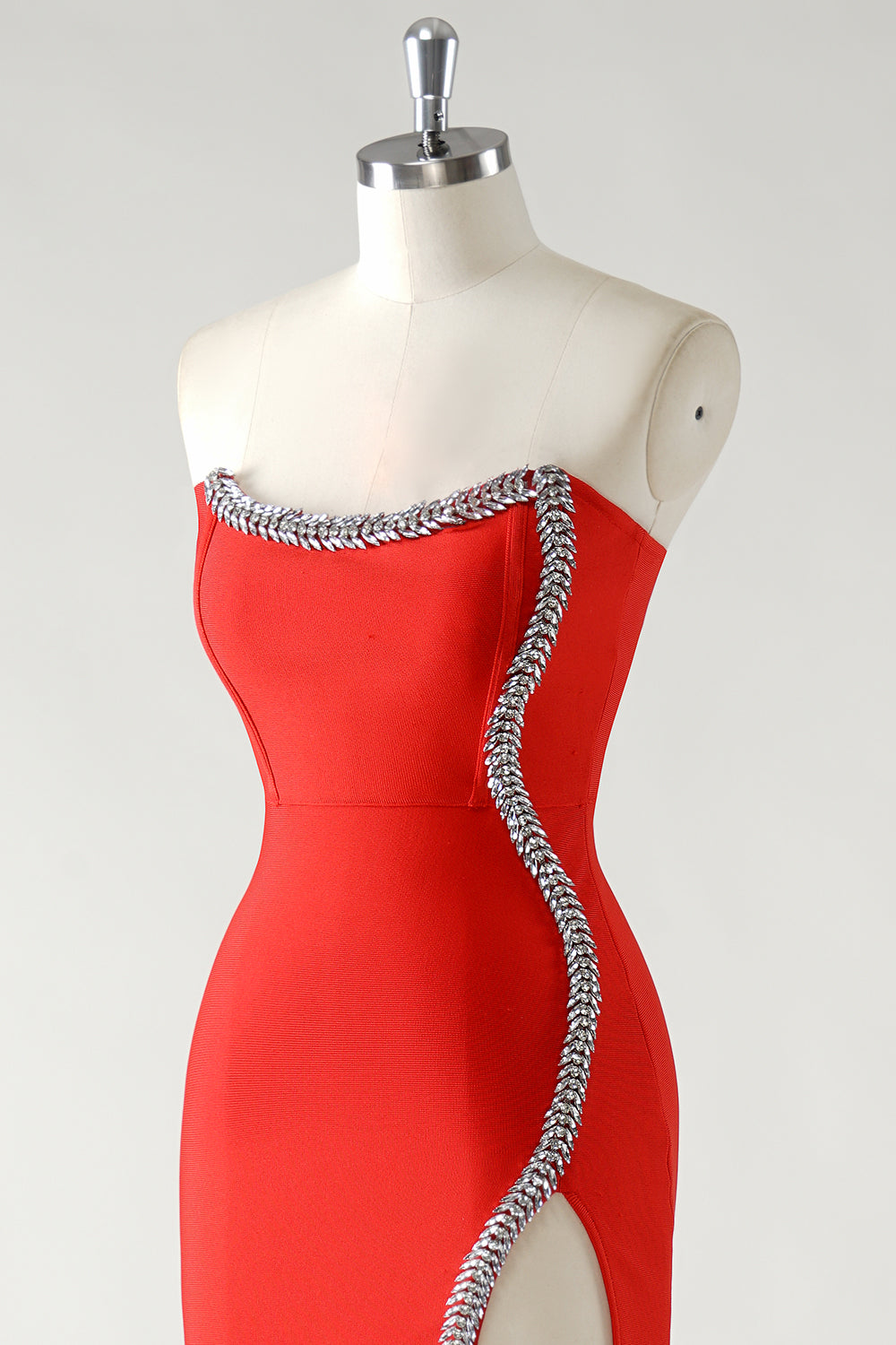 Sparkly Red Sheath Strapless Rhinestones Tea Length Prom Dress with Slit - Image 6
