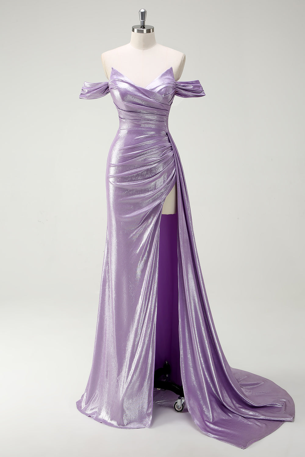 Sparkly Off The Shoulder Lilac Ruched Side Cape Prom Dress with Slit - Image 1