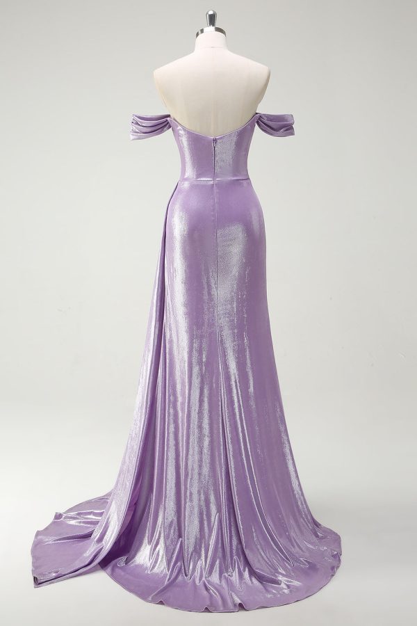 Sparkly Off The Shoulder Lilac Ruched Side Cape Prom Dress with Slit - Image 2