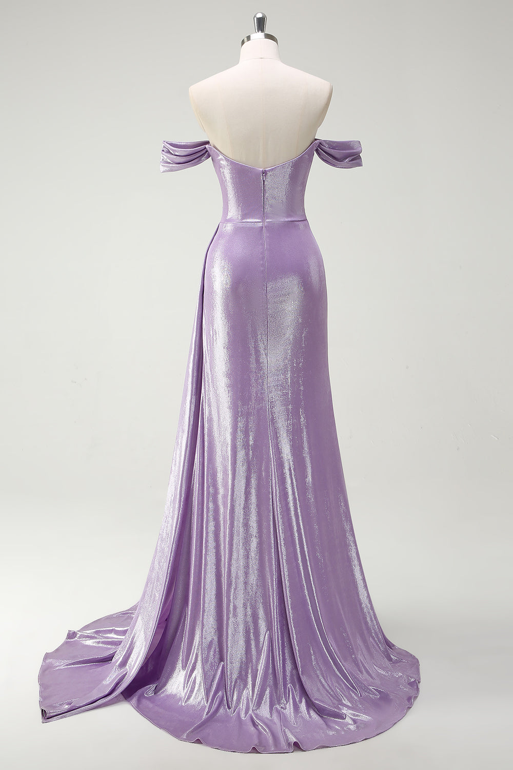 Sparkly Off The Shoulder Lilac Ruched Side Cape Prom Dress with Slit - Image 2