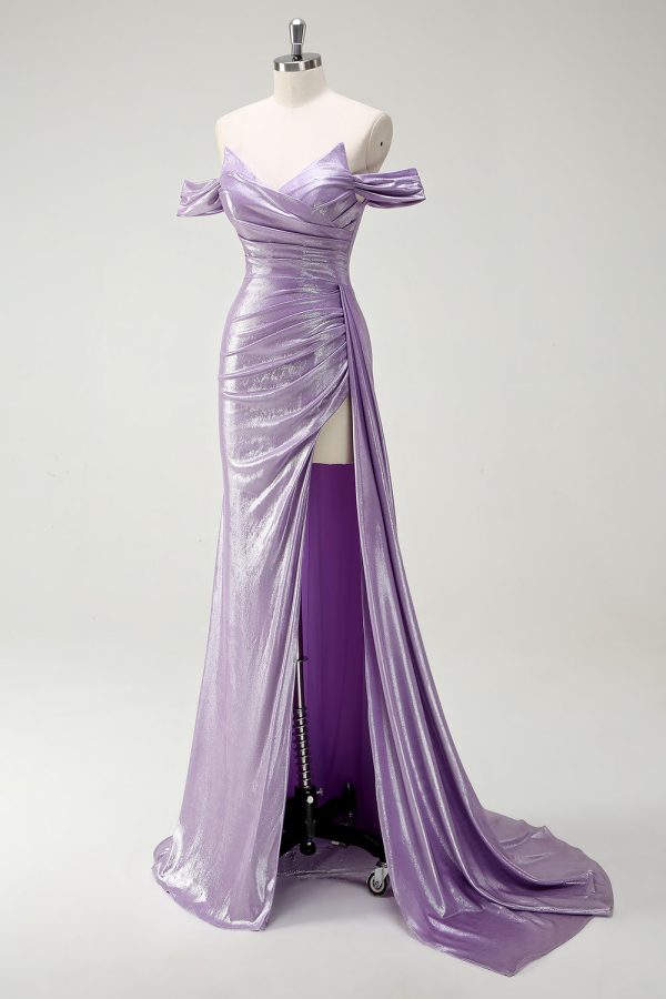 Sparkly Off The Shoulder Lilac Ruched Side Cape Prom Dress with Slit - Image 3