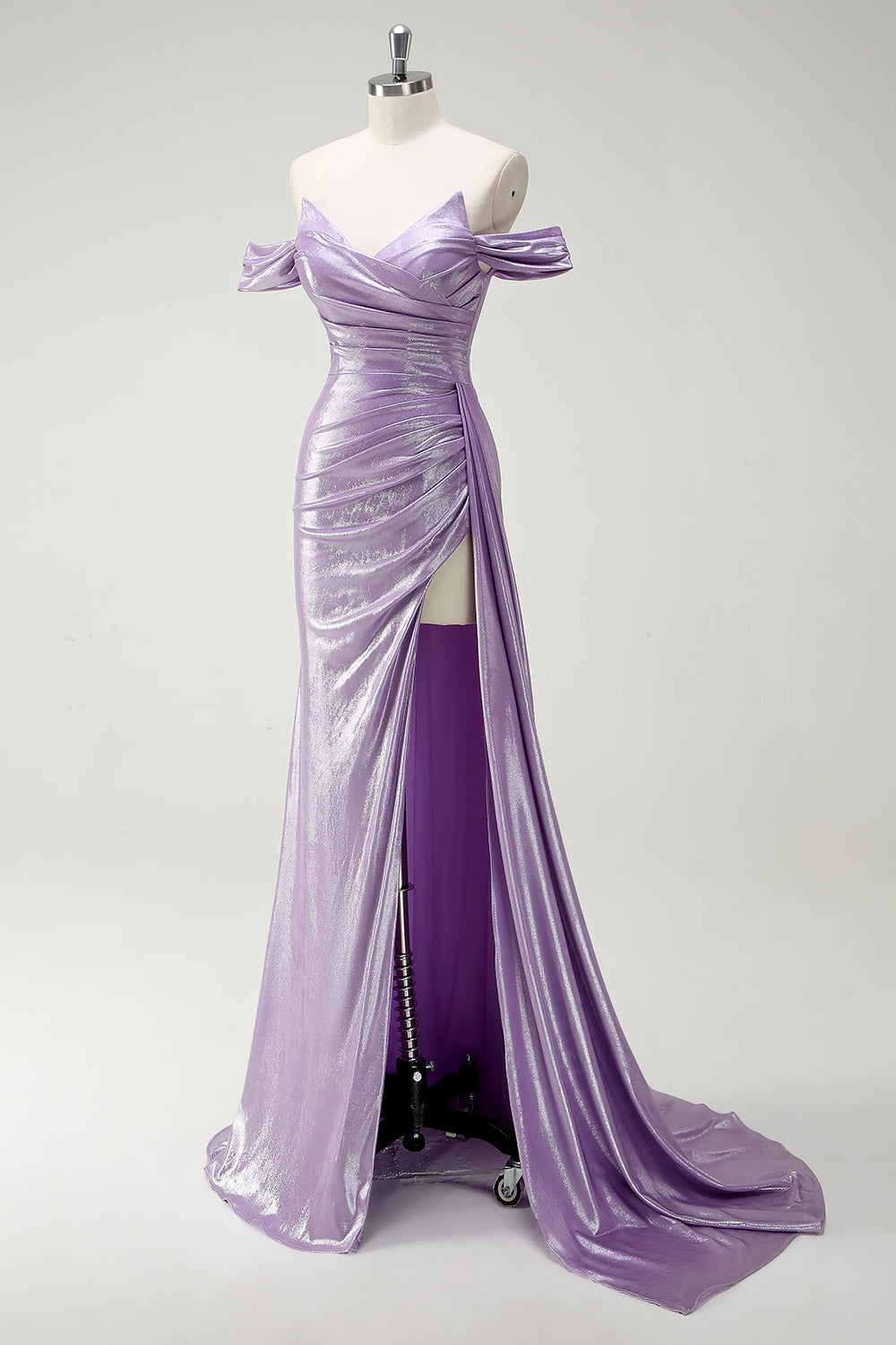 Sparkly Off The Shoulder Lilac Ruched Side Cape Prom Dress with Slit - Image 3