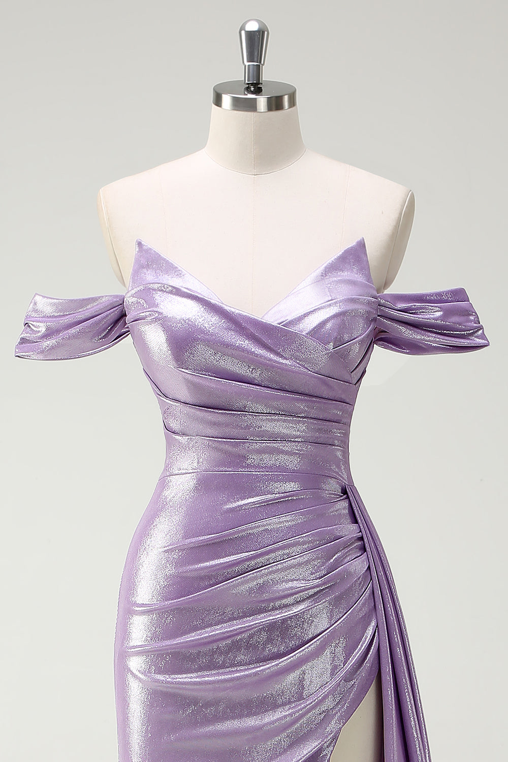 Sparkly Off The Shoulder Lilac Ruched Side Cape Prom Dress with Slit - Image 4
