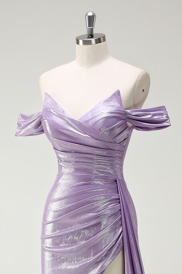 Sparkly Off The Shoulder Lilac Ruched Side Cape Prom Dress with Slit - Image 6