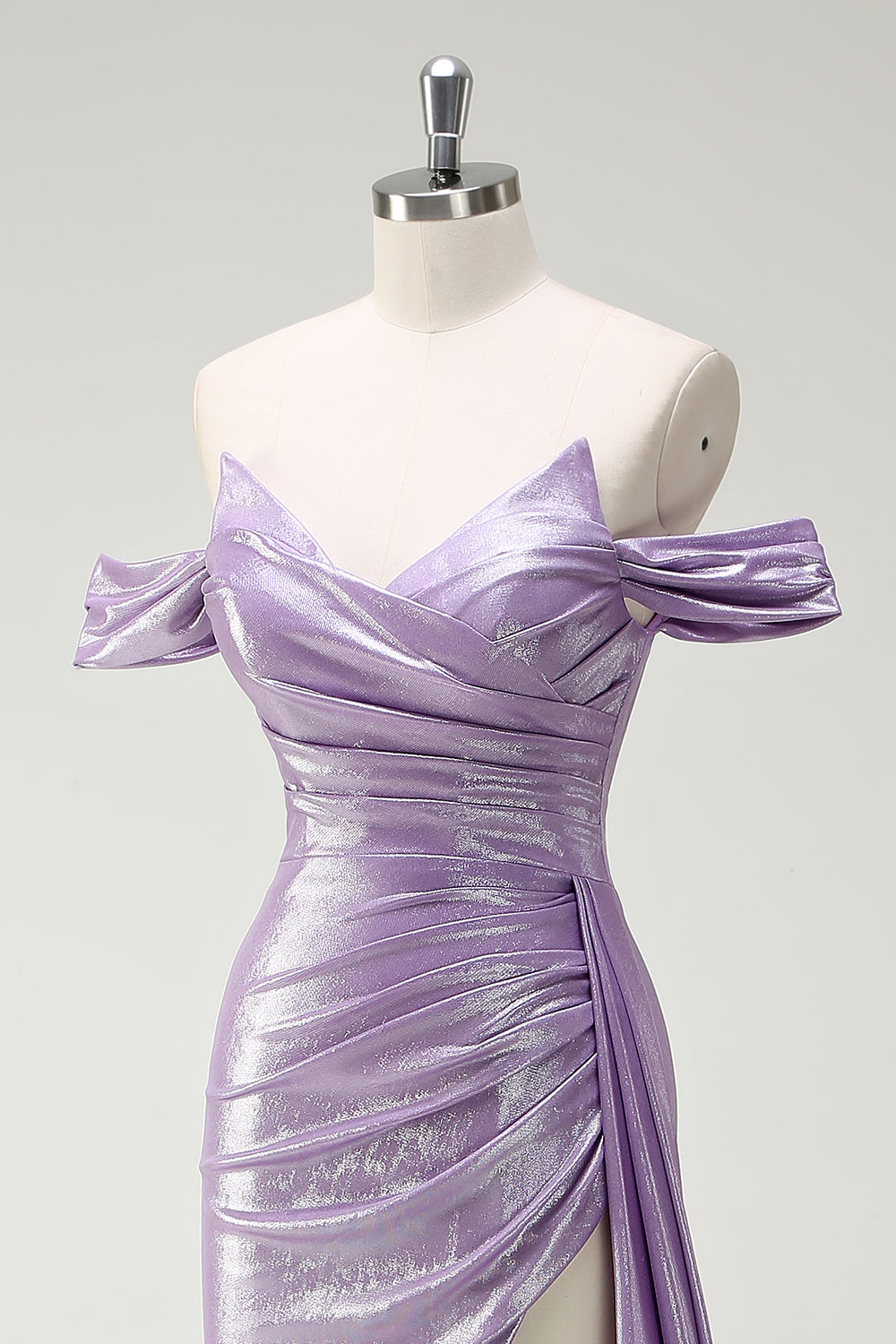 Sparkly Off The Shoulder Lilac Ruched Side Cape Prom Dress with Slit - Image 6