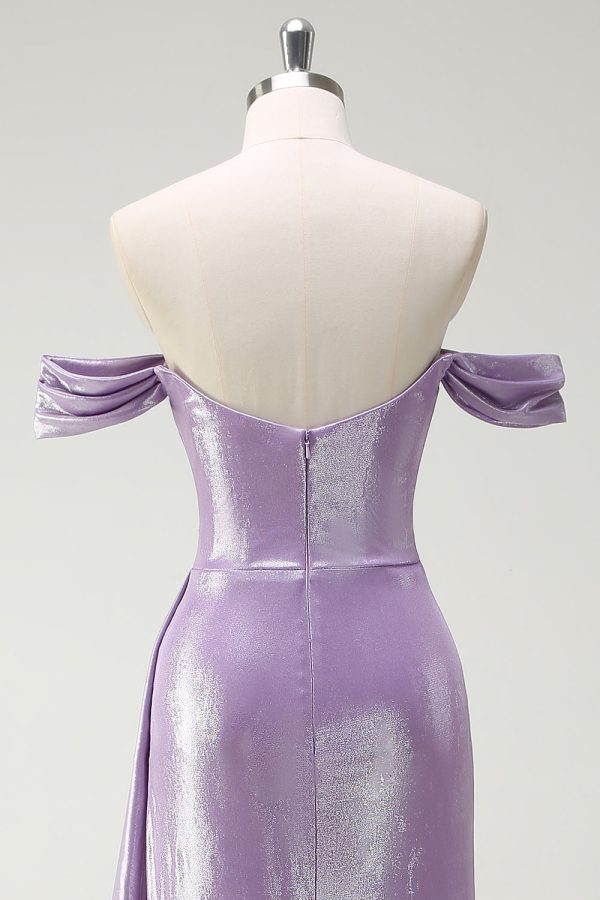Sparkly Off The Shoulder Lilac Ruched Side Cape Prom Dress with Slit - Image 5