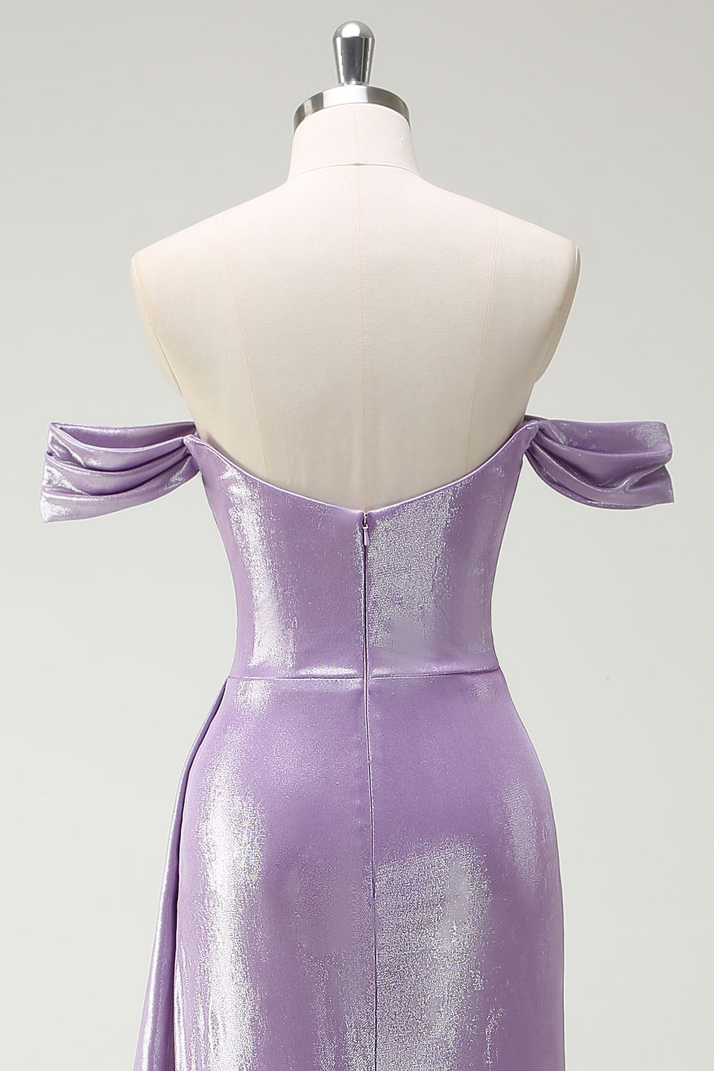 Sparkly Off The Shoulder Lilac Ruched Side Cape Prom Dress with Slit - Image 5