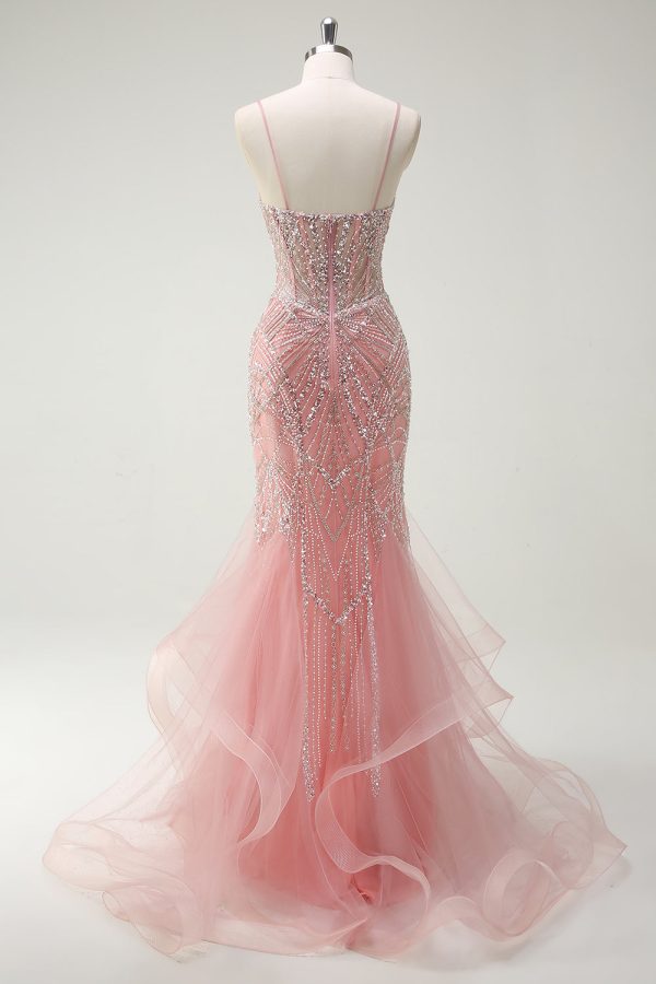 Sparkly Pink Mermaid Spaghetti Straps Corset Long Prom Dress - Image 2