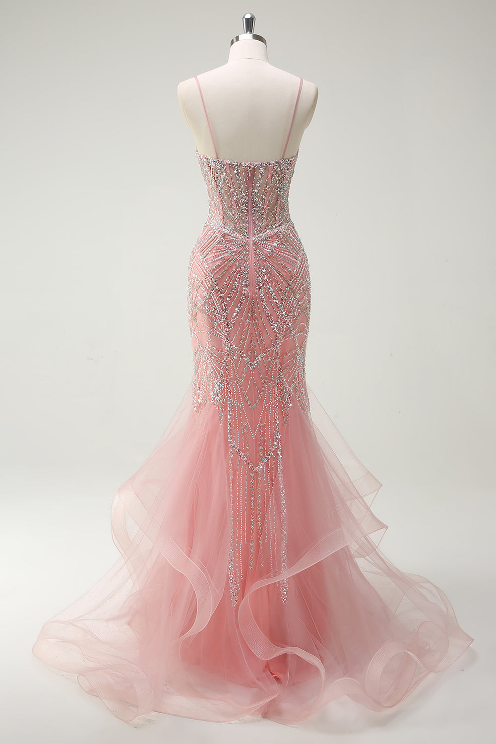 Sparkly Pink Mermaid Spaghetti Straps Corset Long Prom Dress - Image 2