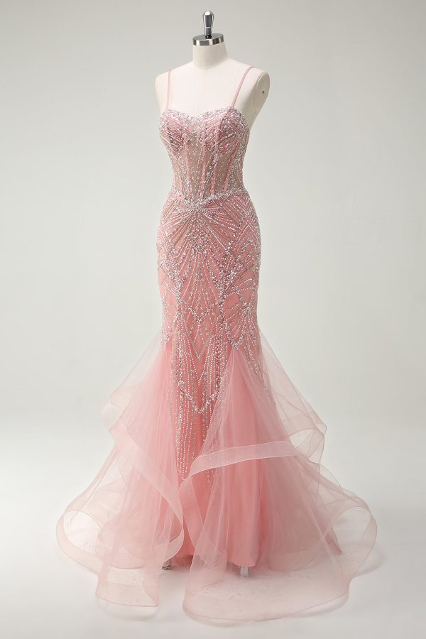 Sparkly Pink Mermaid Spaghetti Straps Corset Long Prom Dress - Image 3