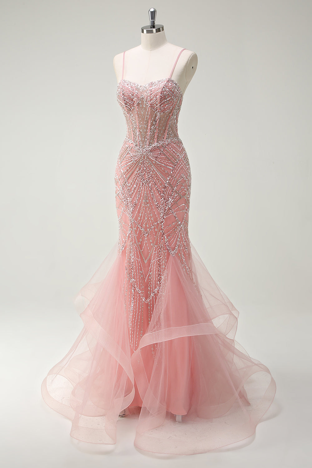 Sparkly Pink Mermaid Spaghetti Straps Corset Long Prom Dress - Image 3