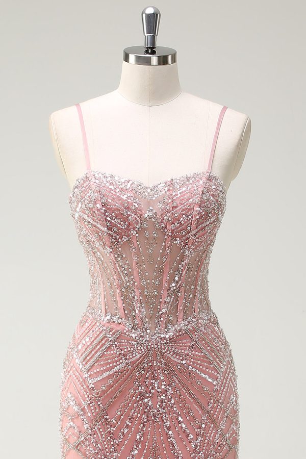 Sparkly Pink Mermaid Spaghetti Straps Corset Long Prom Dress - Image 4