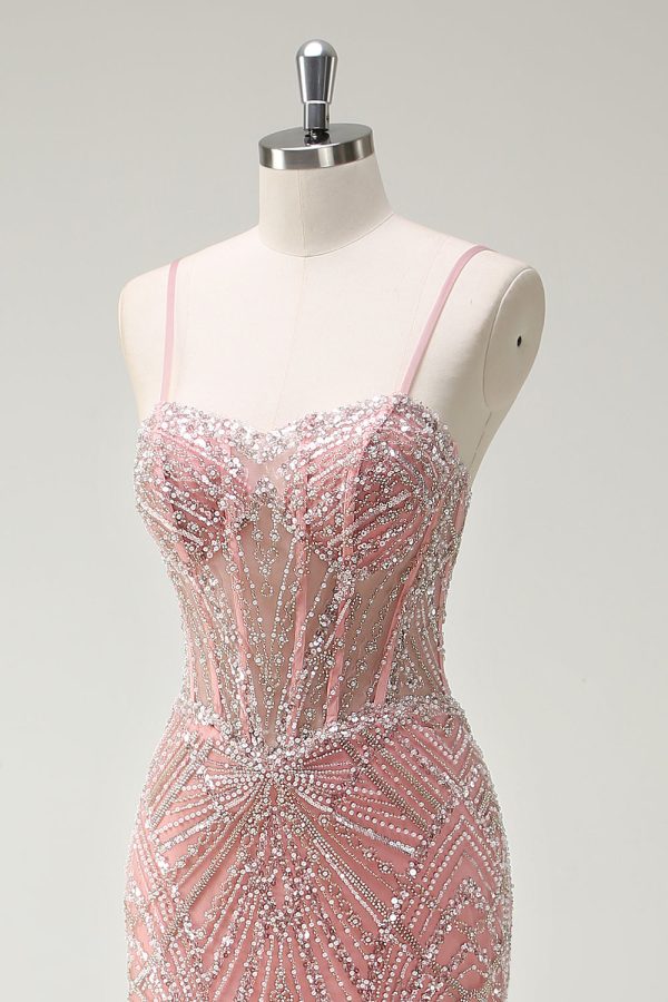 Sparkly Pink Mermaid Spaghetti Straps Corset Long Prom Dress - Image 6