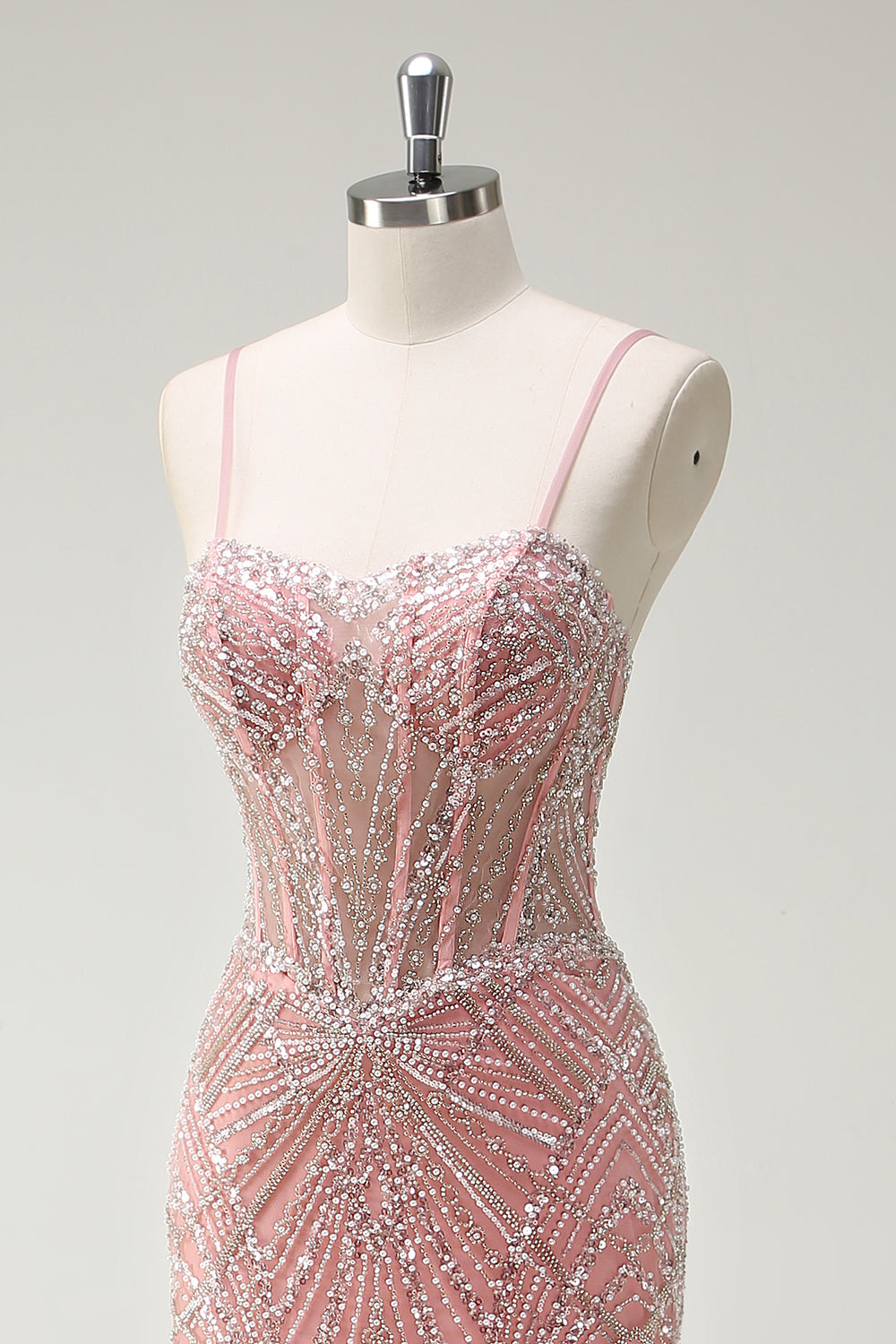 Sparkly Pink Mermaid Spaghetti Straps Corset Long Prom Dress - Image 6