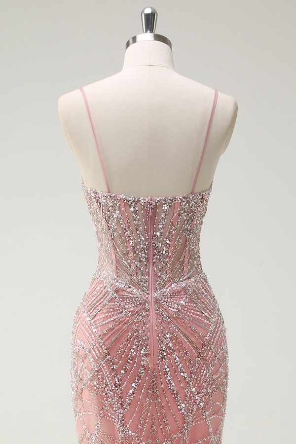 Sparkly Pink Mermaid Spaghetti Straps Corset Long Prom Dress - Image 5