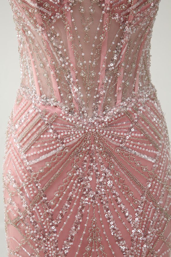 Sparkly Pink Mermaid Spaghetti Straps Corset Long Prom Dress - Image 7