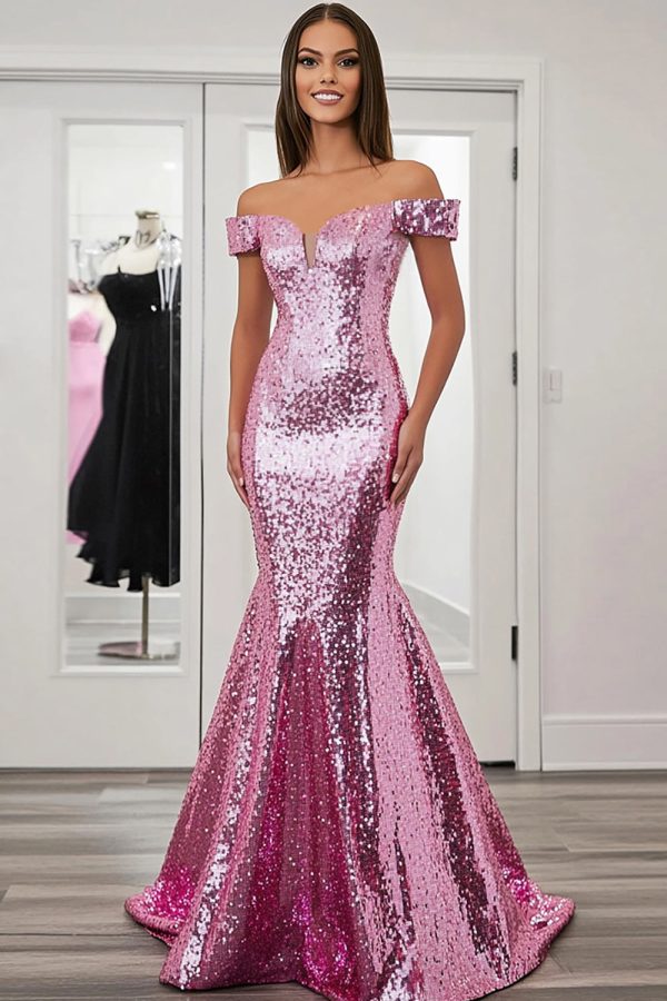 Sparkly Off the Shoulder Pink Mermaid Sequin Long Prom Dress