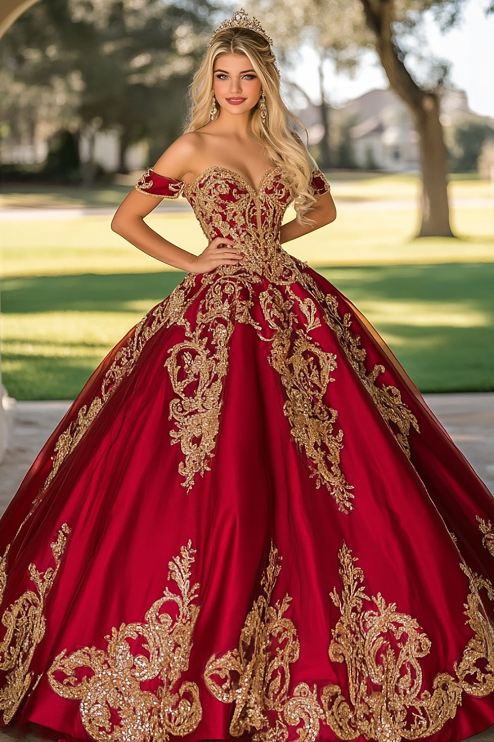 Sparkly Red Golden Satin Quinceanera Dress with Appliques - Image 1