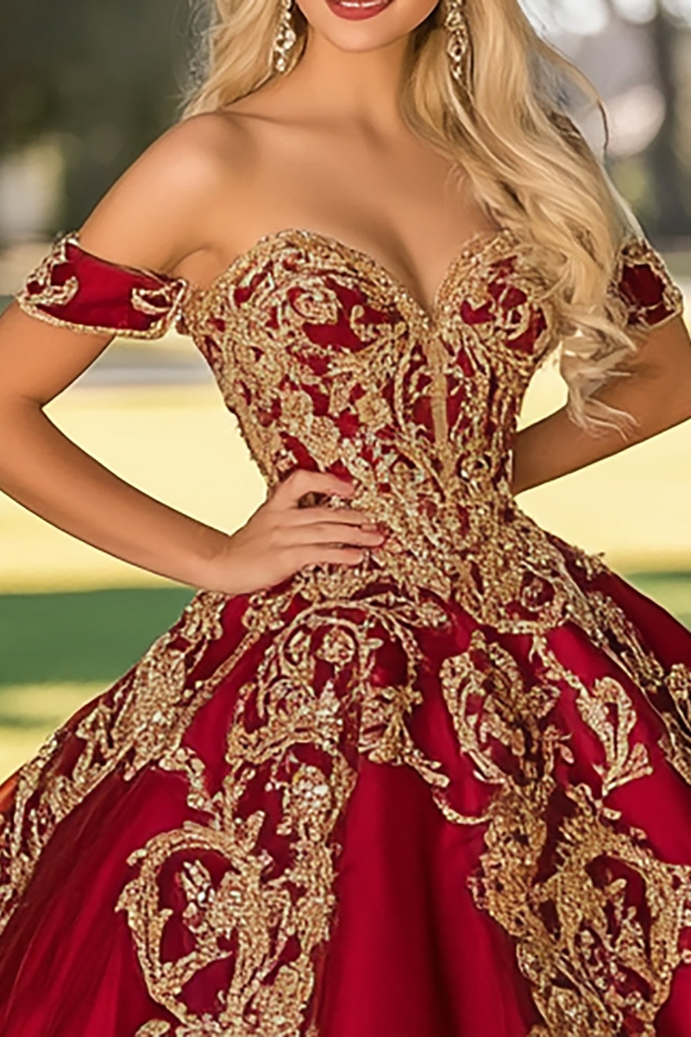Sparkly Red Golden Satin Quinceanera Dress with Appliques - Image 2