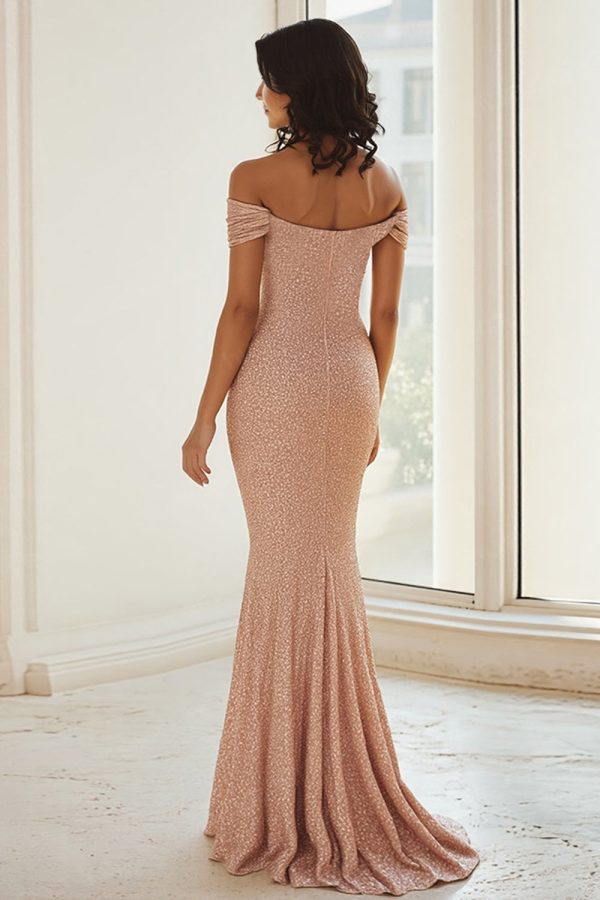 Sparkly Off the Shoulder Champagne Mother Of The Bride Dress - Image 2