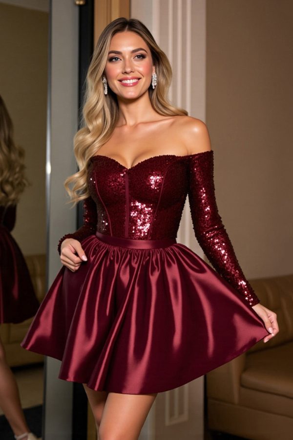 Sparkly Off The Shoulder Corset Burgundy Homecoming Dress