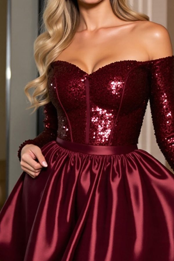 Sparkly Off The Shoulder Corset Burgundy Homecoming Dress - Image 3