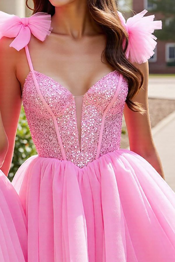 Sparkly Pink A Line Homecoming Dress with Bows - Image 2