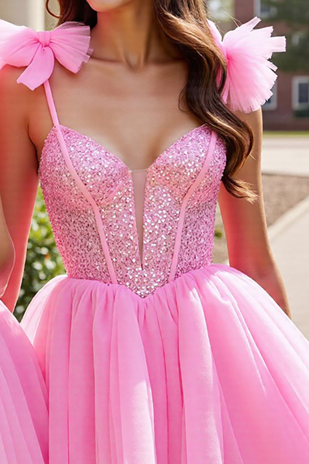 Sparkly Pink A Line Homecoming Dress with Bows - Image 2