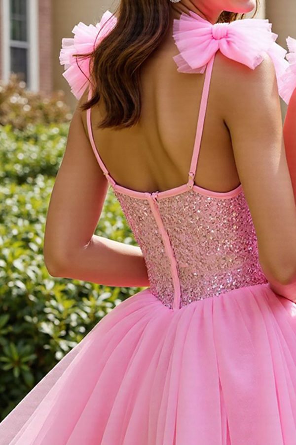 Sparkly Pink A Line Homecoming Dress with Bows - Image 3