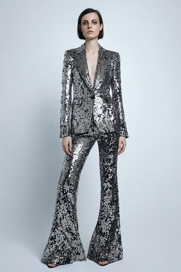 Sparkly Peak Lapel 2-Piece Silver Grey Women Prom Suits