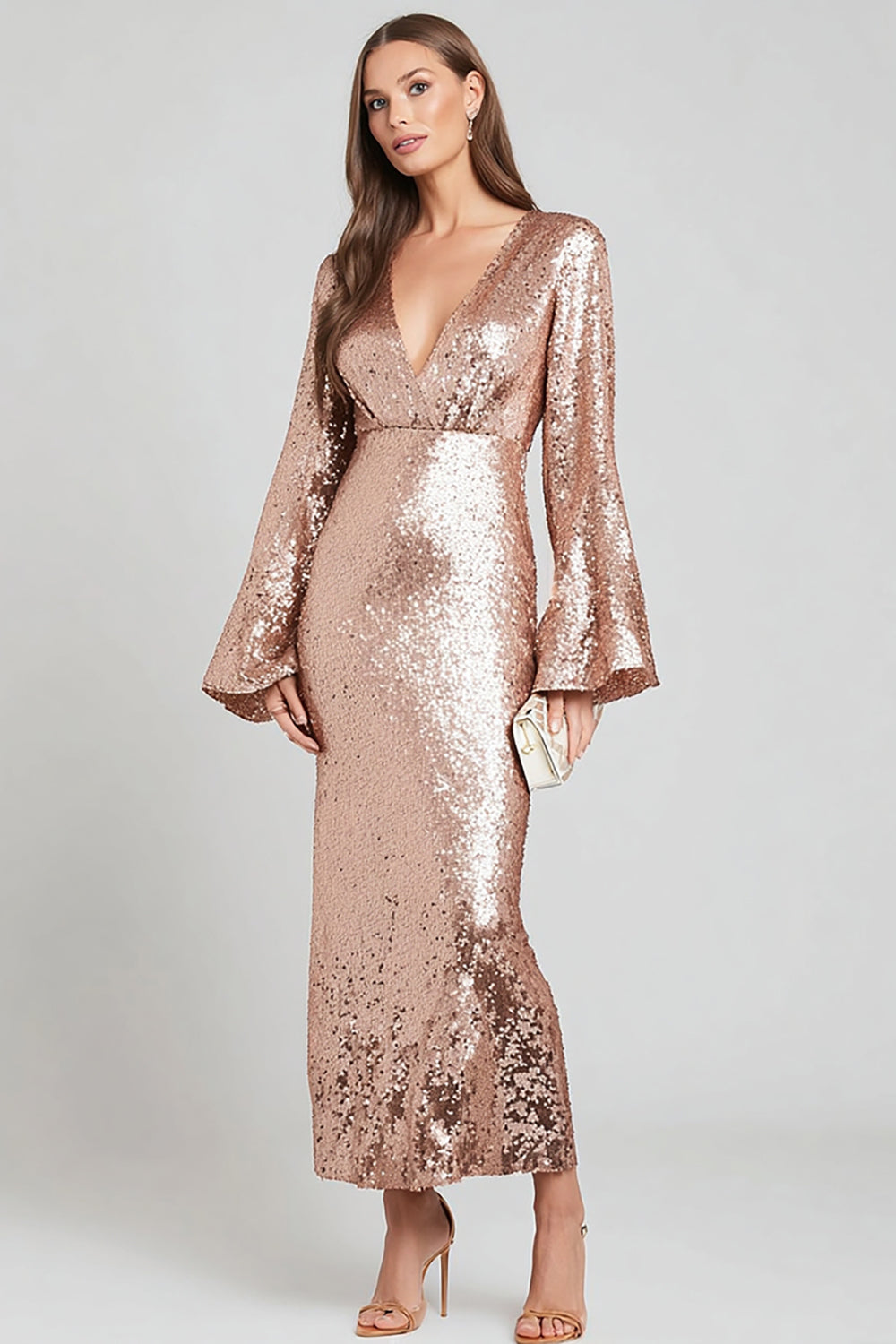 Sparkly Rose Gold V-Neck Sheath Formal Dress with Long Sleeves - Image 1