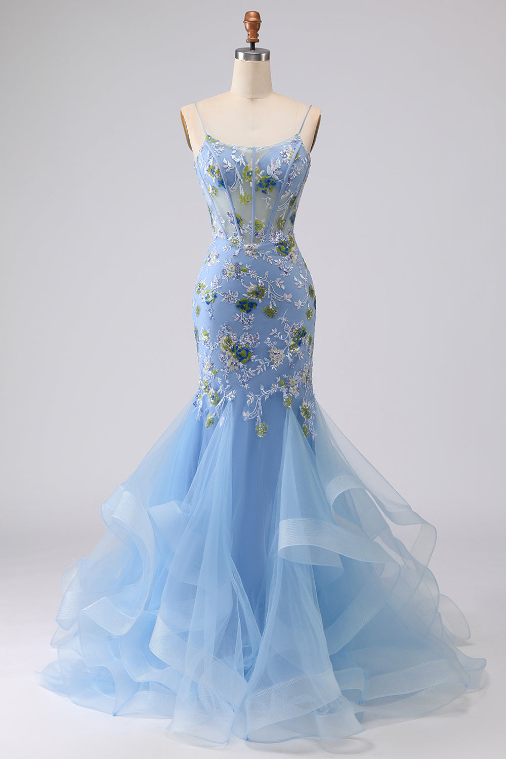 Sparkly Navy Floral Mermaid Corset Tulle Prom Dress - Image 5