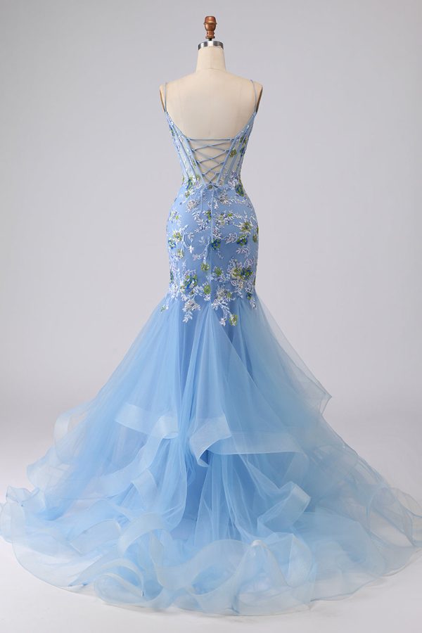 Sparkly Navy Floral Mermaid Corset Tulle Prom Dress - Image 6