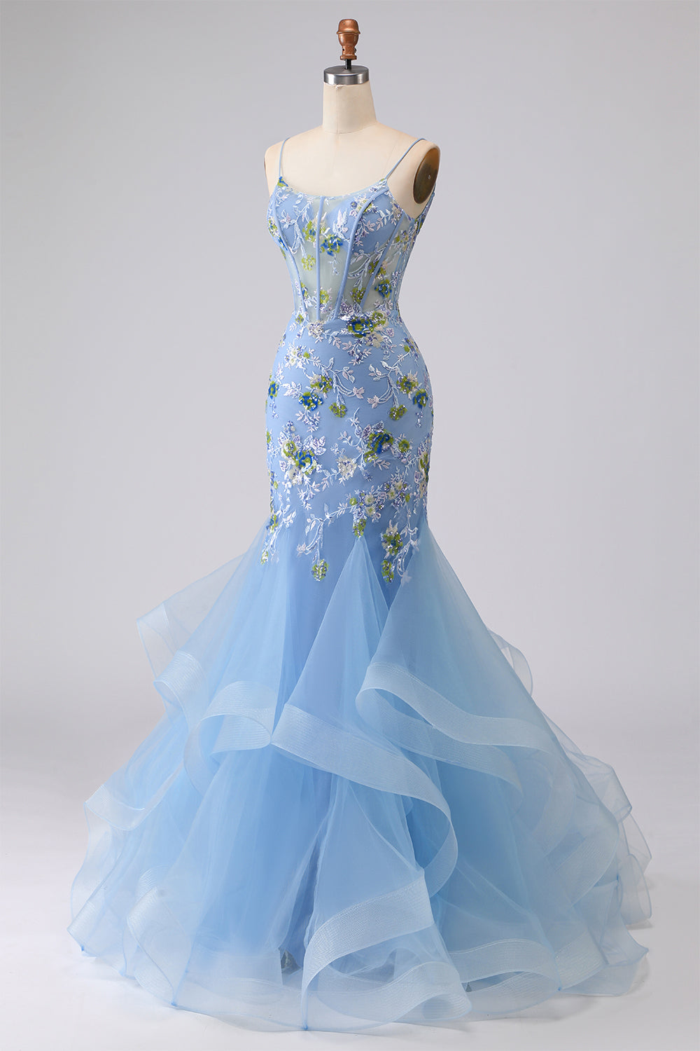 Sparkly Navy Floral Mermaid Corset Tulle Prom Dress - Image 7
