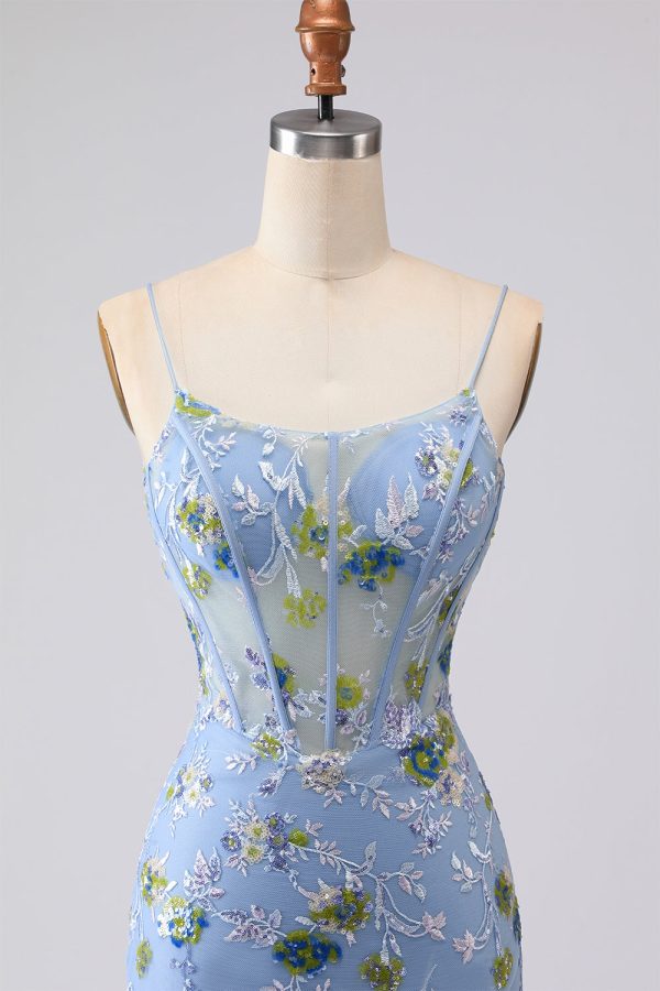 Sparkly Navy Floral Mermaid Corset Tulle Prom Dress - Image 8