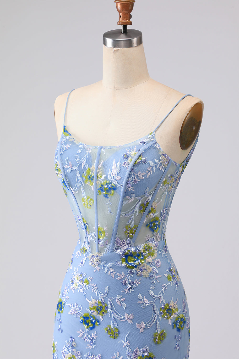 Sparkly Navy Floral Mermaid Corset Tulle Prom Dress - Image 10