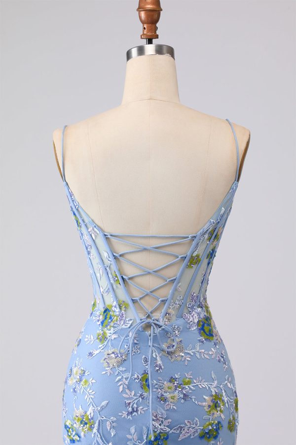 Sparkly Navy Floral Mermaid Corset Tulle Prom Dress - Image 9
