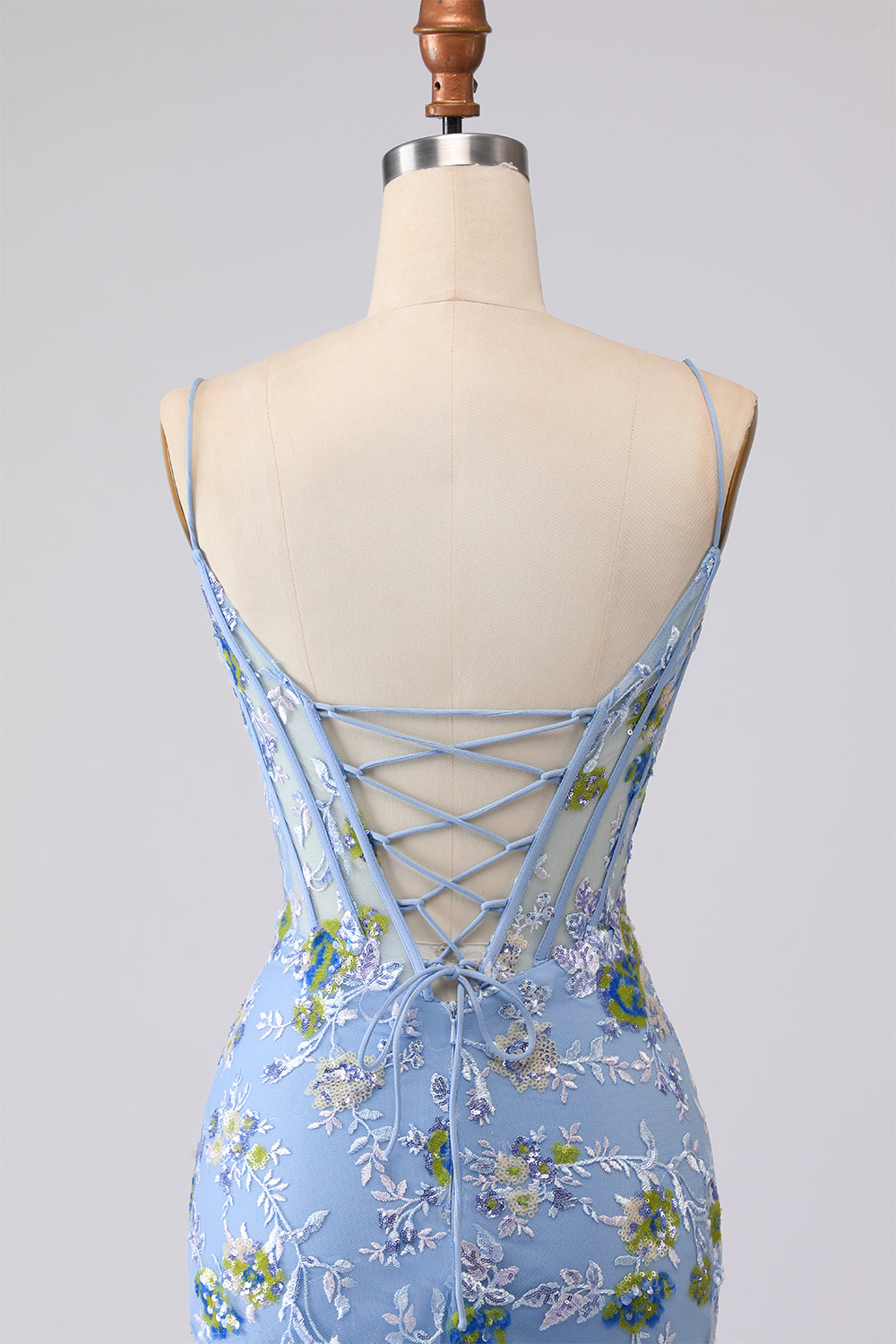 Sparkly Navy Floral Mermaid Corset Tulle Prom Dress - Image 9