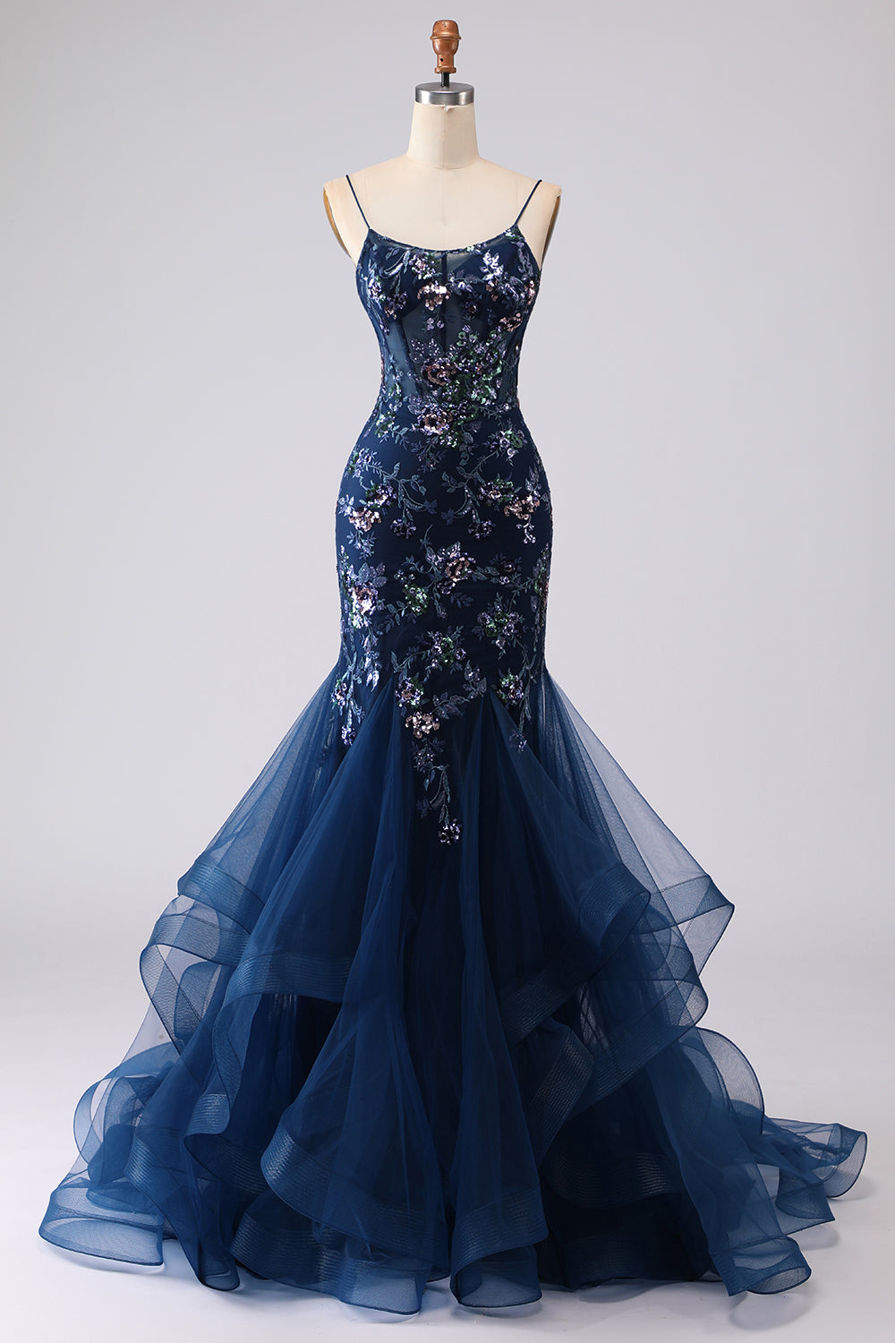 Sparkly Navy Floral Mermaid Corset Tulle Prom Dress - Image 3