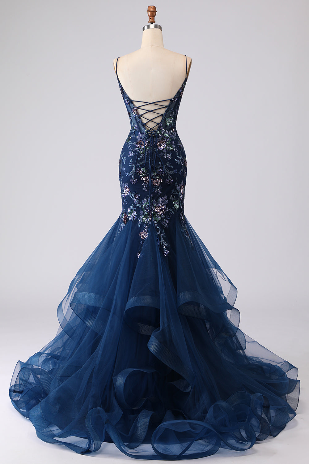 Sparkly Navy Floral Mermaid Corset Tulle Prom Dress - Image 4
