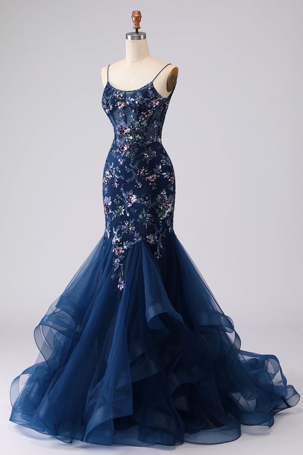 Sparkly Navy Mermaid Appliqued Corset Tulle Prom Dress - Image 5