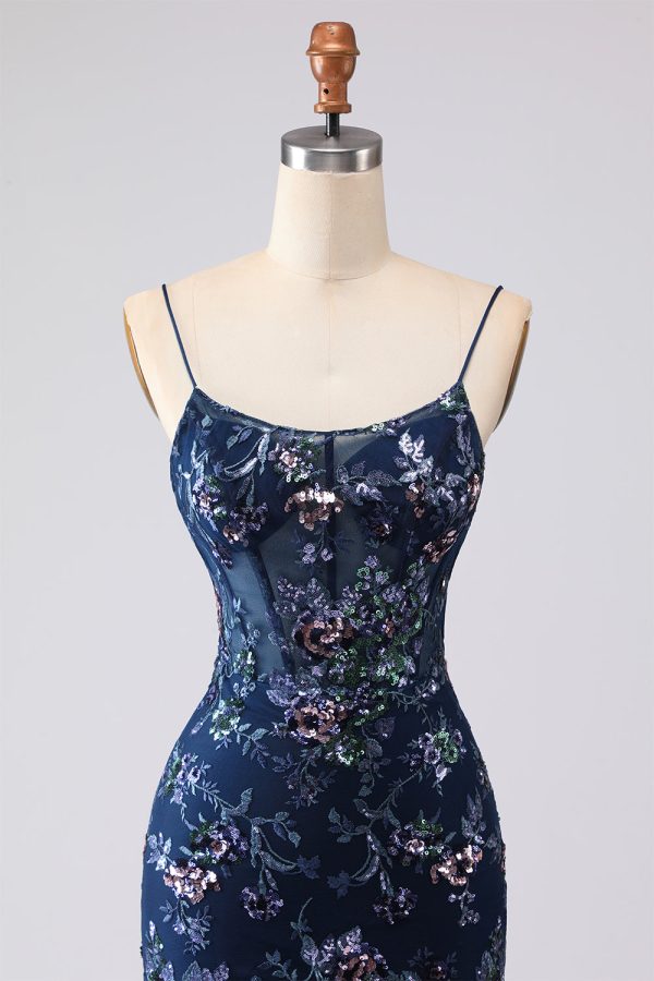 Sparkly Navy Mermaid Appliqued Corset Tulle Prom Dress - Image 6