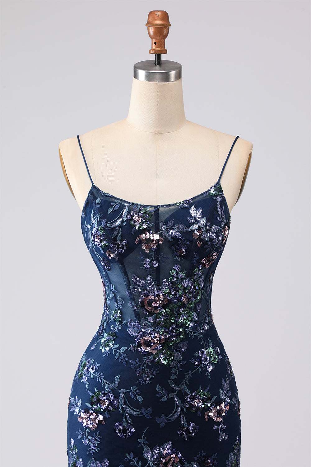 Sparkly Navy Mermaid Appliqued Corset Tulle Prom Dress - Image 6