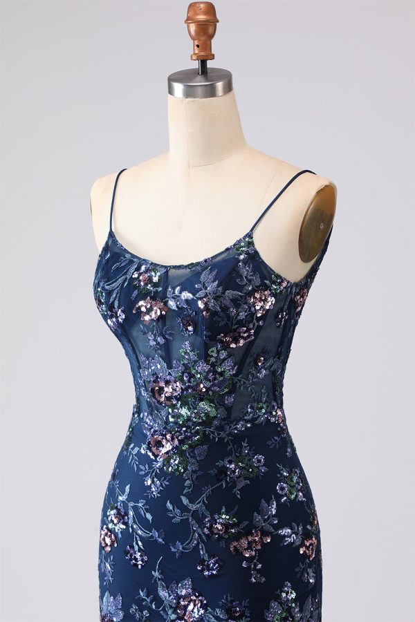 Sparkly Navy Mermaid Appliqued Corset Tulle Prom Dress - Image 8