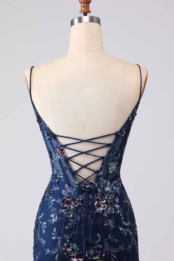Sparkly Navy Mermaid Appliqued Corset Tulle Prom Dress - Image 7