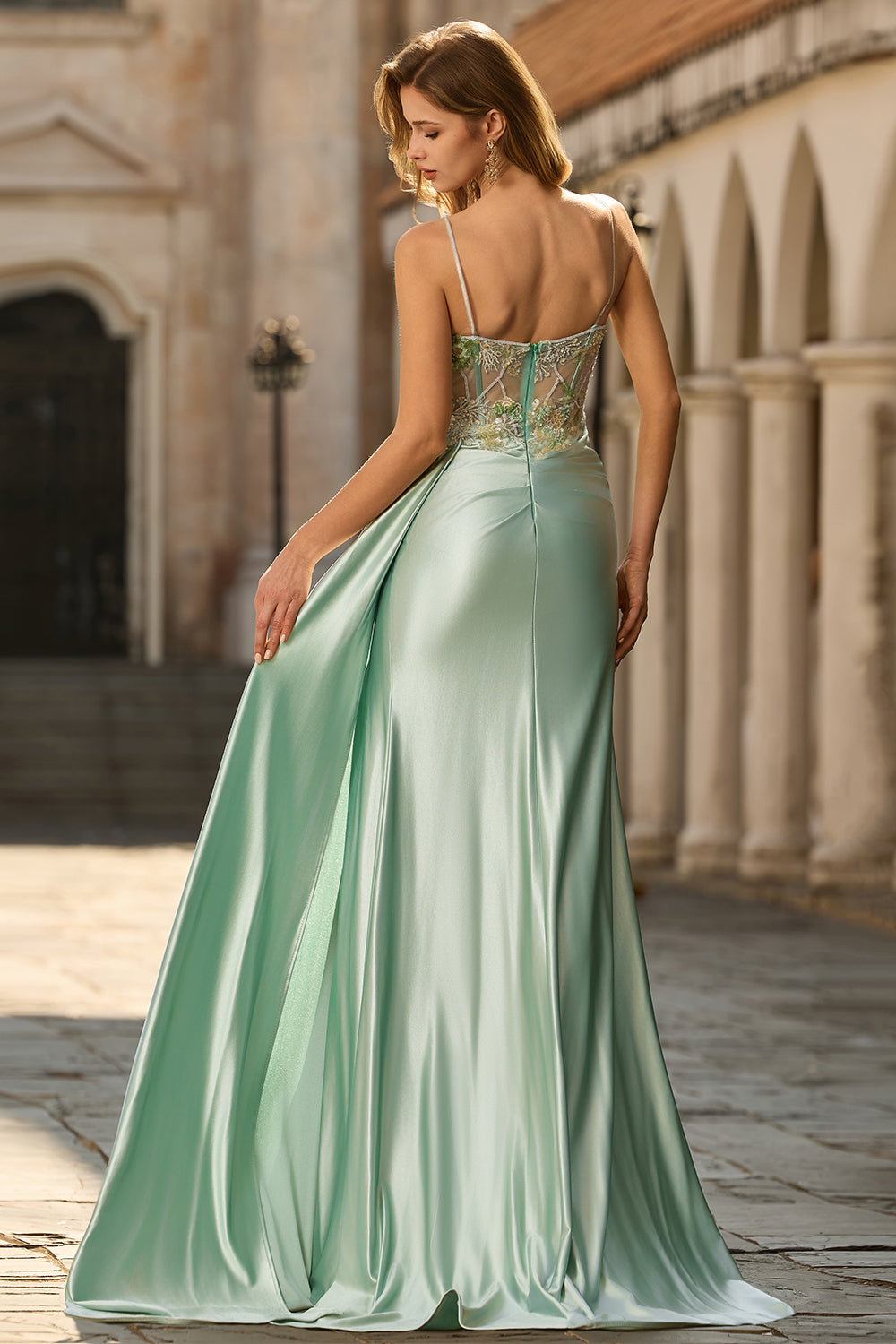 Sparkly Pink Corset Appliqued Satin Prom Dress - Image 9