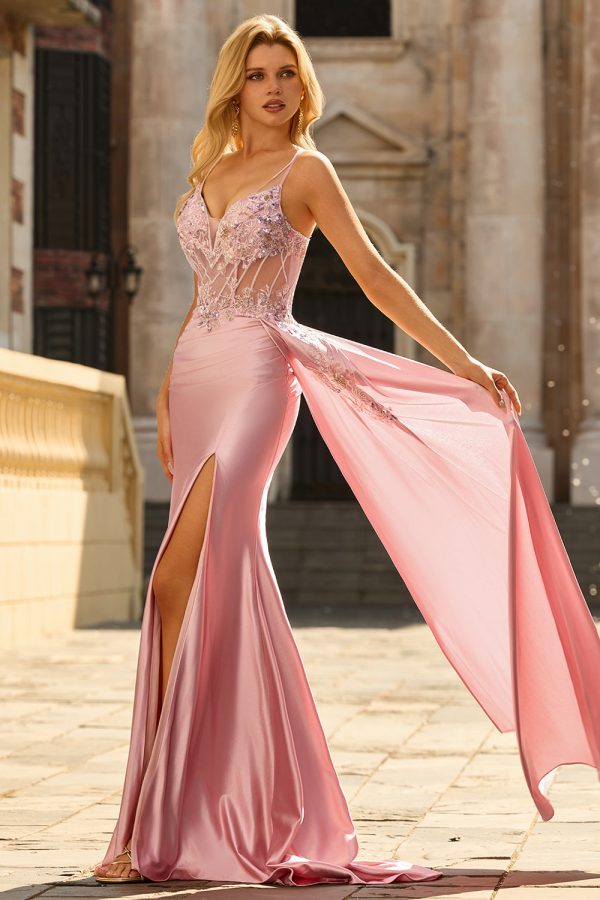 Sparkly Pink Corset Appliqued Satin Prom Dress - Image 4