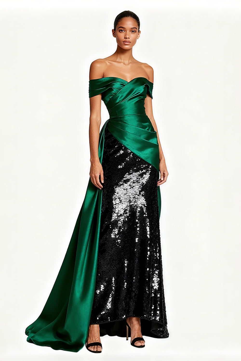 Sparkly Off The Shoulder Dark Green Ruched Holiday Dress - Image 1
